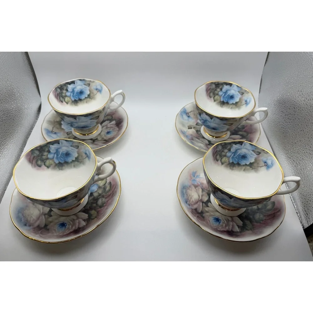 Vintage Royal Garden Rose Blossom Teacup & Saucer Set of 4 Staffordshire England